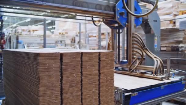 Fabricação Madeira Modernizada Equipamento Robótico Que Compõe Painéis Madeira Dentro — Vídeo de Stock