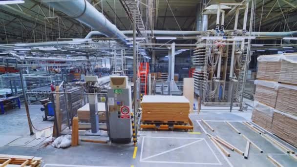 屋内パーケット工場 家具の製造の内部の木を処理するための金属の構造 プラント内の近代的なロボット機器 — ストック動画