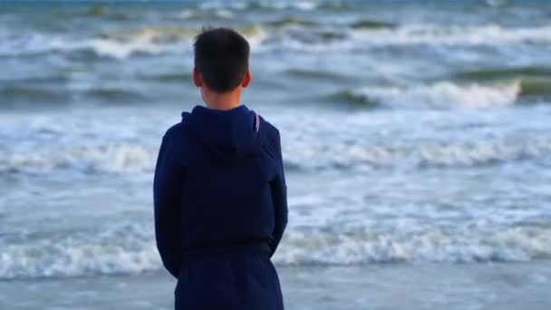 Vista Para Trás Rapaz Perto Mar Azul Adolescente Praia Olhando — Vídeo de Stock