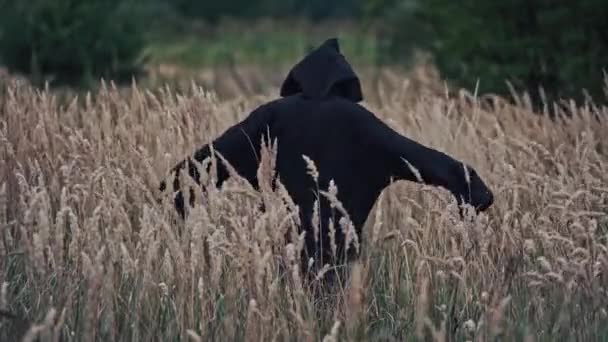 Straszna Zła Postać Naturze Widok Tyłu Przerażającego Ducha Czarnym Szlafroku — Wideo stockowe