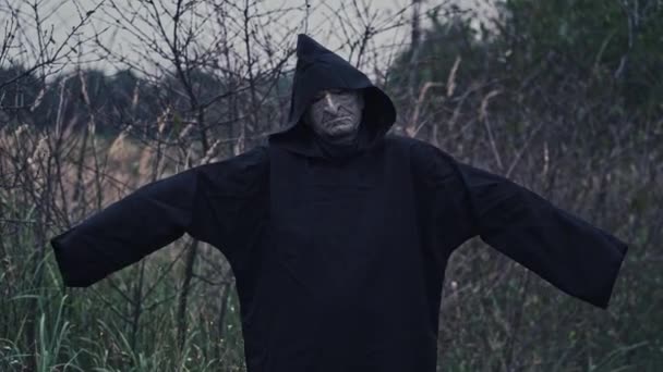 户外可怕鬼魂的画像 身穿黑色服装的可怕的邪恶形象站在自然界中 伸出双臂 恐怖概念 — 图库视频影像