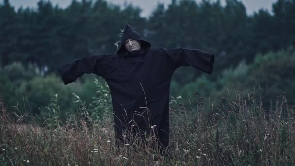 Porträtt Spöke Med Utsträckta Armar Naturen Skrämmande Dödsfigur Svart Morgonrock — Stockvideo