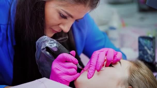 Lips Pigmentation Process Professional Tattooist Doing Permanent Make Woman Lips — Stock Video