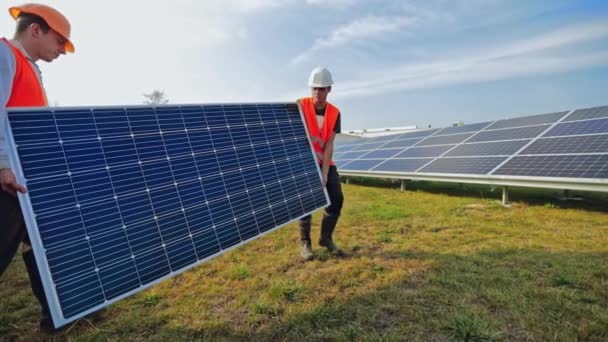 労働者は草に取付けるために太陽電池パネルを運びます 農場で日当たりの良いバッテリーで作業する技術者 代替グリーンエネルギー — ストック動画