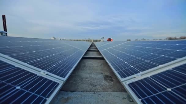 Modern Napenergia Farm Napelemekkel Fotovoltaikus Napelemek Ökológiai Energia Gyűjtésére Napból — Stock videók