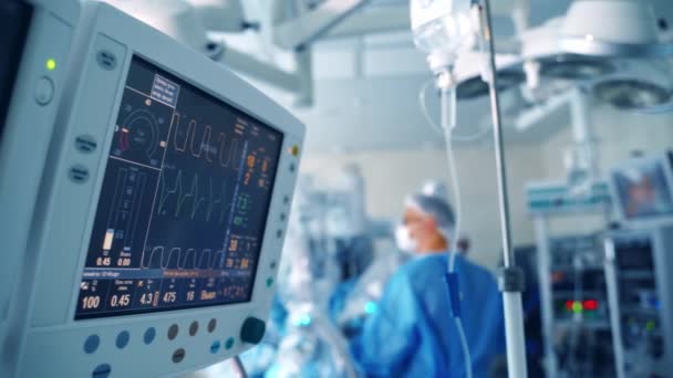 Stan Pacjenta Monitorze Sali Operacyjnej Bicie Serca Ciśnienie Krwi Ekranie — Wideo stockowe