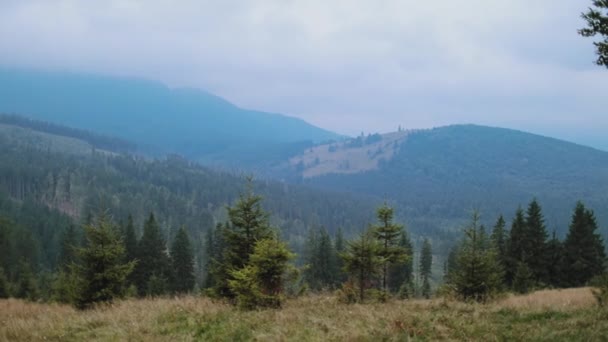 Schöne Berglandschaft Verschwommene Berge Sind Mit Grünen Wäldern Bedeckt Kleine — Stockvideo