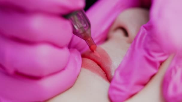 Liptatoeage Master Roze Steriele Handschoenen Aanbrengen Van Permanente Make Lippen — Stockvideo