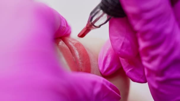 Διαδικασία Εφαρμογής Μόνιμου Μακιγιάζ Στα Χείλη Τατουάζ Αποστειρωμένα Γάντια Κάνοντας — Αρχείο Βίντεο