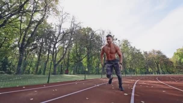 Hübscher Mann Beim Training Auf Dem Spielfeld Junge Muskulöse Athletin — Stockvideo