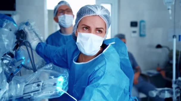 Robot Assistito Sistema Chirurgico Attrezzature Moderne Sala Operatoria Chirurgo Squadra — Video Stock
