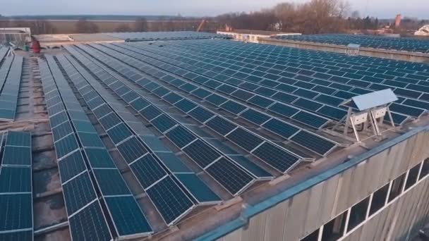 巨大な建物の屋根の上に多くのソーラーパネル 太陽から代替エネルギーを受け取るための太陽電池 エアリアルビュー — ストック動画