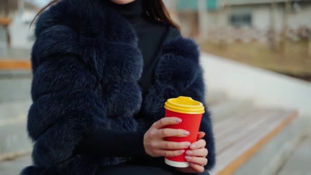 女性の手は屋外で一杯の飲み物を抱えています 公園に座ってプラスチック製のガラスから飲んでいる毛皮のコートの美しい女性 スローモーション — ストック動画