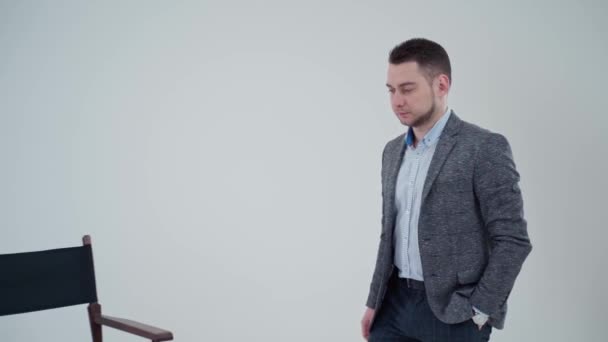 Portrait Stylish Man Suit Studio Handsome Businessman Grey Costume Isolated — Stock Video