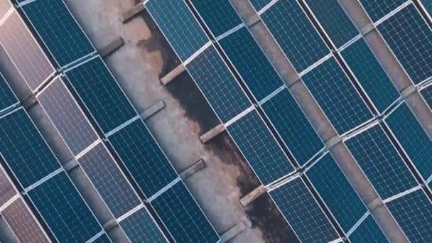 Vliegen Zonneboerderij Met Zonnige Reflectie Panelen Fotovoltaïsche Zonnepanelen Bevestigd Aan — Stockvideo