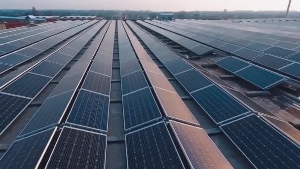 Ряды Солнечных Панелей Крыше Заходящее Солнце Отражается Солнечных Батареях Солнечная — стоковое видео
