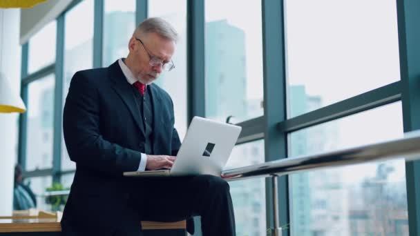 オフィスの窓の近くで働くスーツのシニアビジネスマン 高齢のエレガントな男性は窓の近くに座っている間 ラップトップにタイピングしています ビジネスコンセプト — ストック動画