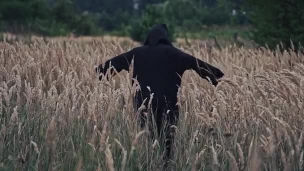 秋に野原で黒死した 魔女の悪魔が屋外で振り回される恐ろしい景色 自然の中のダークウィザード — ストック動画