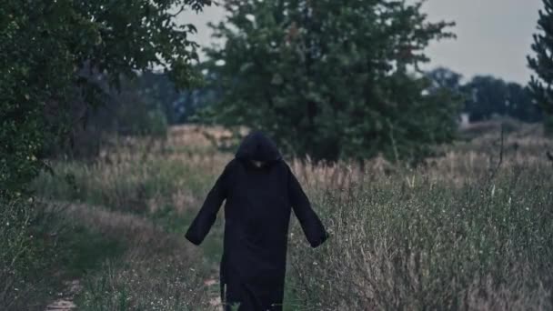 黑色长袍中的黑影 自然中的头罩 夏天在自然的背景上走着可怕的噩梦 神秘的鬼魂在外面 — 图库视频影像