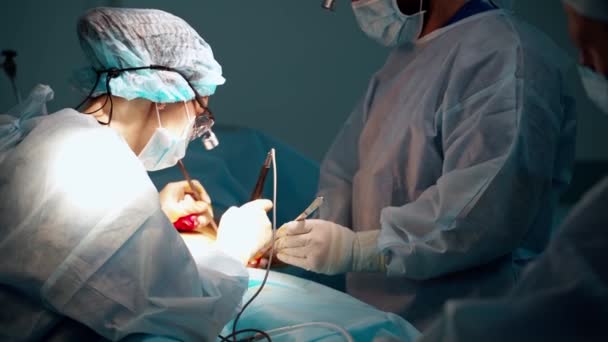 Χειρούργος Και Βοηθός Του Εκτελεί Αισθητική Χειρουργική Πλαστική Επέμβαση Κοιλιοπλαστικής — Αρχείο Βίντεο
