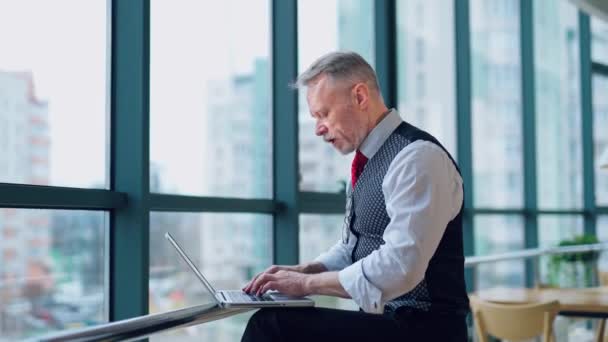 Thoughtful Middle Aged Businessman Suit Laptop Sitting Window Working Documents — Stock Video