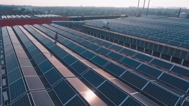 屋根の上に革新的なソーラーパネルのロー 日没時の建物の太陽光発電バッテリー 太陽光発電所における持続可能なエネルギー ドローンビュー — ストック動画