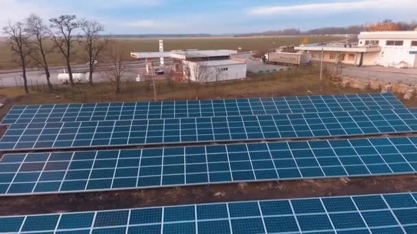 Blå Solpaneler Fältet Stora Solcellspaneler Som Tar Emot Ekologisk Energi — Stockvideo