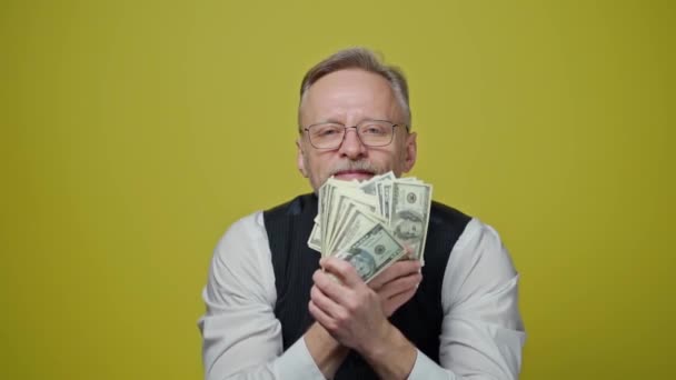 Gelukkige Senior Zakenman Zwaaien Dollarbiljetten Rijke Grijs Harige Man Met — Stockvideo