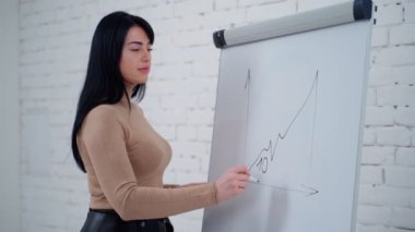 Tahtaya yazı yazan serbest çalışan bir kadın. Güzel genç bayan ışık odasındaki beyaz tahtaya grafikler yazıyor..