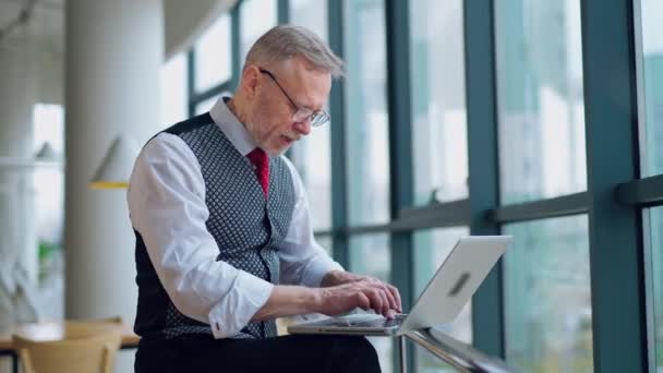 Старший Внештатный Сотрудник Работающий Над Ноутбуком Зрелый Человек Становится Счастливым — стоковое видео