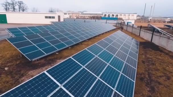田里的太阳能电池板农场 在阳光下 无人机飞越蓝色的巨大太阳能电池板 可再生能源绿色替代能源 慢动作 — 图库视频影像
