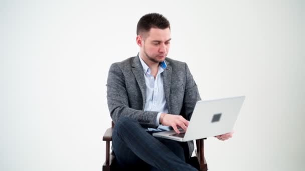 Portrait Serious Businessman Laptop Thoughtful Young Man Sitting Chair Working — Stock Video