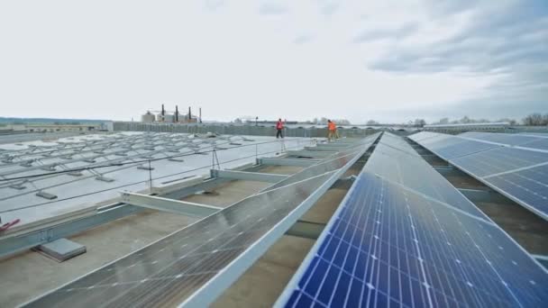 Montering Solpanel Platt Tak Uppförande Ett Modernt Solkraftverk Tekniker Som — Stockvideo