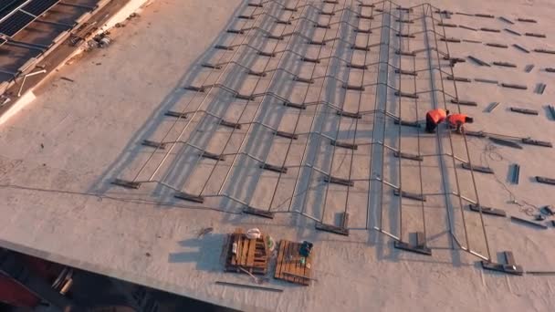 New Construction Solar Farm Roof Building View Technicians Building Metal — Stock Video