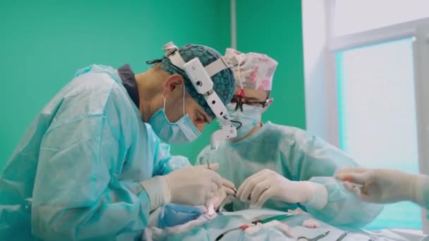 Cirujano Del Equipo Quirófano Otoplastia Quirúrgica Corrección Auricular — Vídeos de Stock