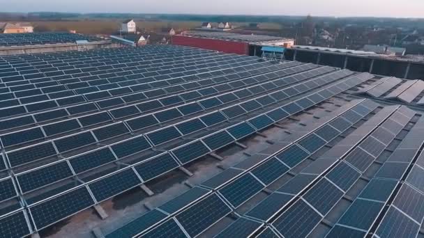 Günbatımında Yenilikçi Güneş Çiftliği Kırsal Kesimdeki Binaların Çatısında Sıra Sıra — Stok video