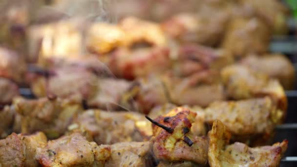 Grill Dymem Mięso Szaszłykach Gotujące Się Grillu Wieprzowina Mangal Naturze — Wideo stockowe