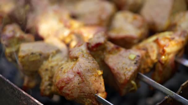 Grill Gotowania Mięso Się Pali Smaczna Wieprzowina Szaszłykach Grilla Kebab — Wideo stockowe