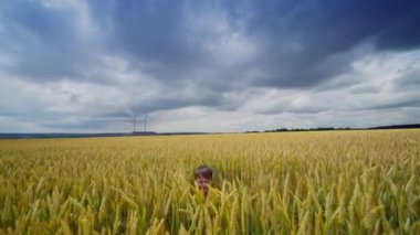 Sarı tarladaki neşeli çocuk. Yazın bulutlu gökyüzüne karşı buğday tarlasında saklanan mutlu çocuk. Çocuk tarım arazisinde dışarıda oynuyor..