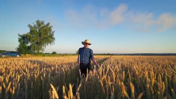 Landbouwers Landbouwgrond Oudere Man Hoed Met Een Map Lopen Het — Stockvideo