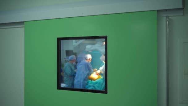 手術室で手術する 手術を行う青い制服の医師のチームワーク 廊下から窓から眺める — ストック動画