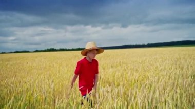 Sarı alanda tatlı bir çocuk. Siyah gökyüzünün altındaki altın buğday tarlasında yürüyen kırmızı tişörtlü ve hasır şapkalı bir genç. Yaz kırsal yaşamı ve tarımın önemi.