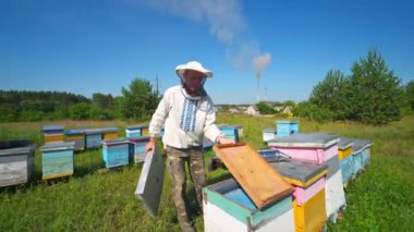 Köyün arka planında Apiary var. Arıcı koruyucu şapkalı, ahşap kovanların yanında çalışıyor. Apiculture kavramı.