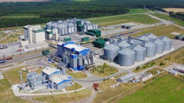 Yeşil doğanın arasındaki asansörler. Tahıl deposu için modern tarım bölgesi. Tahıl ambarı sahada. Tahıl depolamak için çelik tanklar. Hava görünümü.