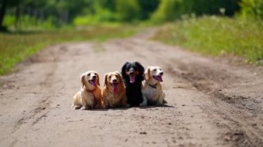 Evcil hayvanlar dışarıda. Dachshund köpekleri aydınlık bir yaz gününde yolda birlikte otururlar. Sokakta dört sevimli köpek dinleniyor..