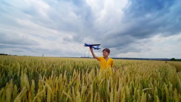 Cute Boy Toy Plane Little Kid Playing Agriculture Field Clouded — Stock Video