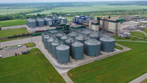 在绿地上的谷物电梯 农作物的粮仓 工业厂房 其钢制容器被农田包围 空中景观 — 图库视频影像