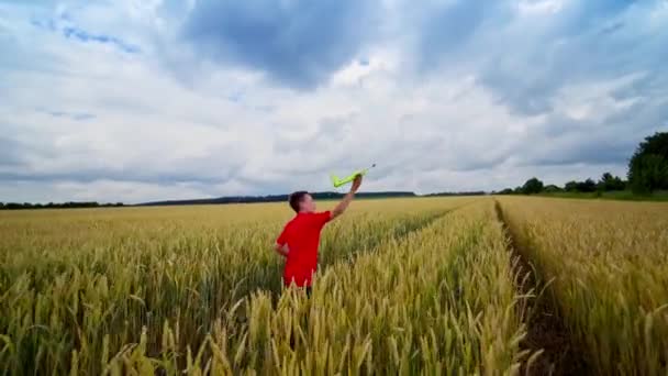Mutlu Çocuk Sahada Koşuyor Kırmızı Tişörtlü Çocuk Tarım Arazisine Oyuncak — Stok video