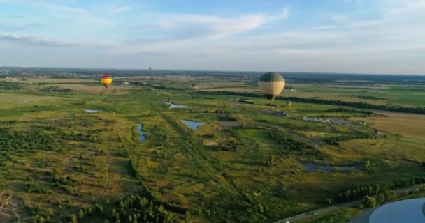 Kleurrijke Aerostaten Natuur Luchtballonnen Vliegen Lucht Velden Meren Het Platteland — Stockvideo