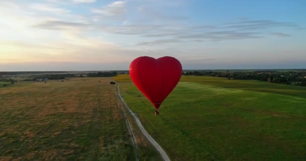 Batan Güneşe Karşı Kalp Şeklinde Aerostat Gün Batımında Yeşil Tarlaların — Stok video